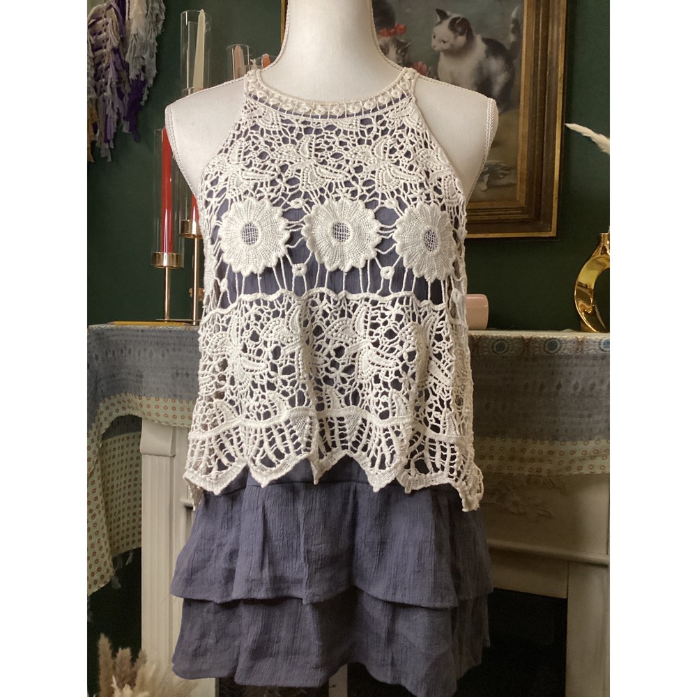 Entro Women Blue Tiered Ruffle Crochet Lace Halter Top T4462 Large